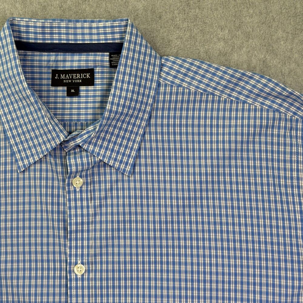 J Maverick New York XL Blue Check Dress Shirt Reg Fit 100% Cotton Button Up